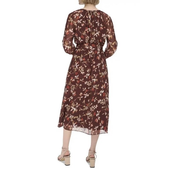 NWT Calvin Klein Floral Keyhole Maxi Dress Size 14 Burgundy Boho Peasant Folk - Picture 9 of 12